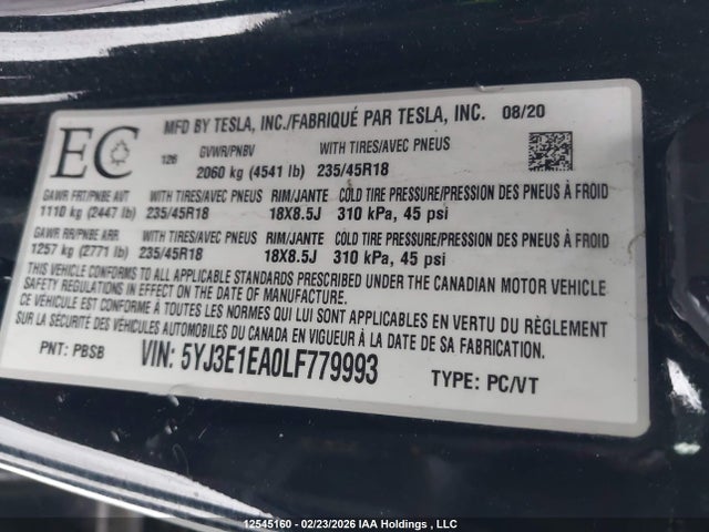 Aukcja sprzedaży 2020 Tesla Model 3 Standard Range Plus, vin: 5YJ3E1EA0LF779993, numer aukcji: 12545160