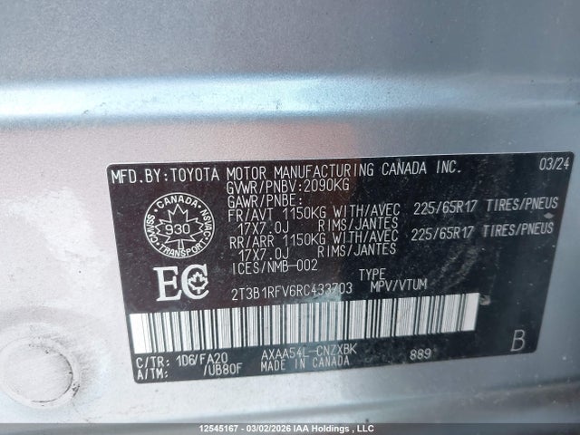 Aukcja sprzedaży 2024 Toyota Rav4 Le, vin: 2T3B1RFV6RC433703, numer aukcji: 12545167
