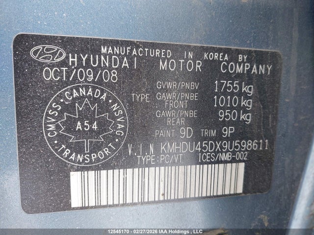 12545170 :رقم المزاد ، KMHDU45DX9U598611 vin ، 2009 Hyundai Elantra Gl/l مزاد بيع