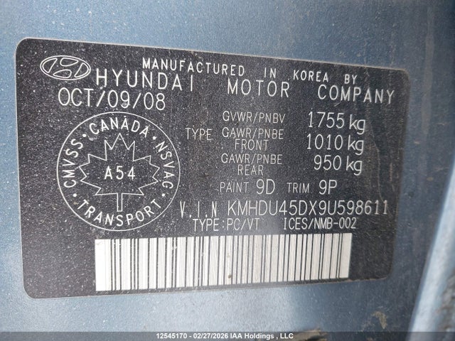 12545170 :رقم المزاد ، KMHDU45DX9U598611 vin ، 2009 Hyundai Elantra Gl/l مزاد بيع