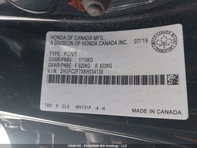 Aukcja sprzedaży 2019 Honda Civic Ex 4dr, vin: 2HGFC2F7XKH034139, numer aukcji: 12545182