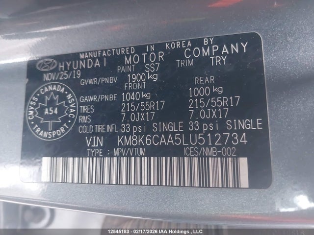 12545183 :رقم المزاد ، KM8K6CAA5LU512734 vin ، 2020 Hyundai Kona Luxury Awd مزاد بيع