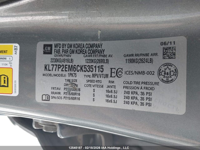 Продажа на аукционе авто 2012 Chevrolet Orlando, vin: KL77P2EM6CK535115, номер лота: 12545187