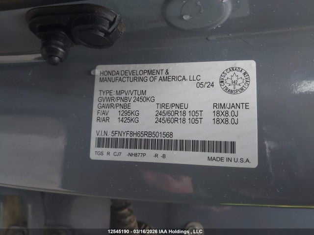2024 Honda Passport Trailsport მანქანა იყიდება აუქციონზე, vin: 5FNYF8H65RB501568, აუქციონის ნომერი: 12545190