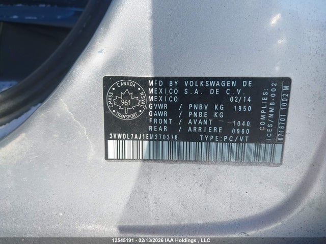 12545191 :رقم المزاد ، 3VWDL7AJ1EM270378 vin ، 2014 Volkswagen Jetta Sedan Comfortline/highline/trendline+ مزاد بيع
