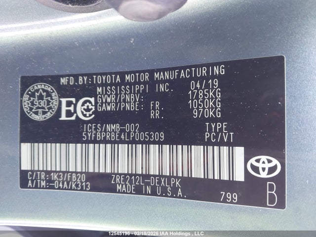 12545196 :رقم المزاد ، 5YFBPRBE4LP005309 vin ، 2020 Toyota Corolla Le مزاد بيع