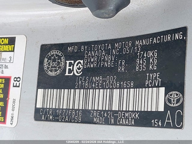 12545209 :رقم المزاد ، 2T1BU4EE1DC081658 vin ، 2013 Toyota Corolla Ce مزاد بيع