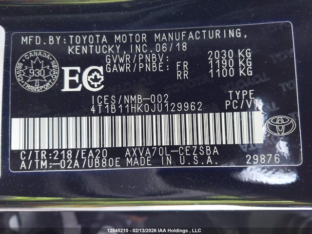 4T1B11HK0JU129962 Toyota CAMRY SE