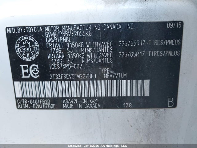 2T3ZFREV5FW227381 Toyota RAV4 LE