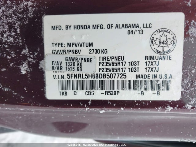 12545215 :رقم المزاد ، 5FNRL5H68DB507725 vin ، 2013 Honda Odyssey مزاد بيع