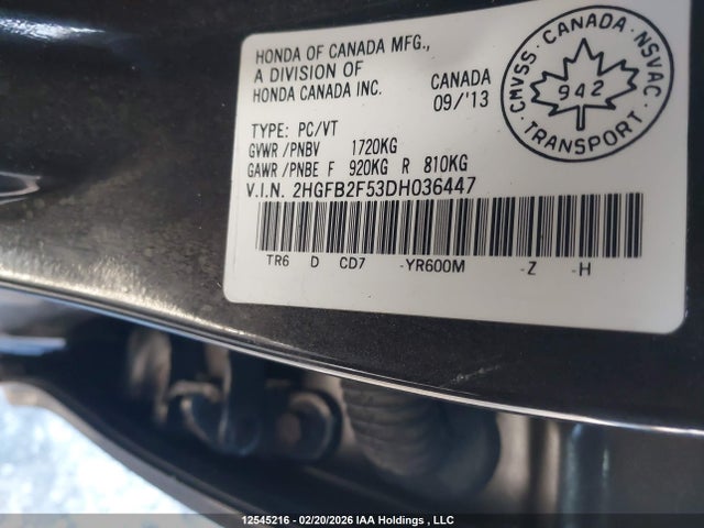 Auction sale of the 2013 Honda Civic Ex 4dr, vin: 2HGFB2F53DH036447, lot number: 12545216