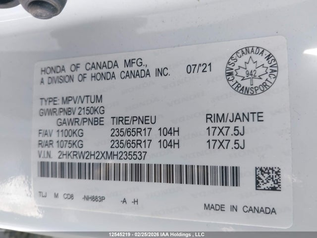 2HKRW2H2XMH235537 Honda CR-V LX