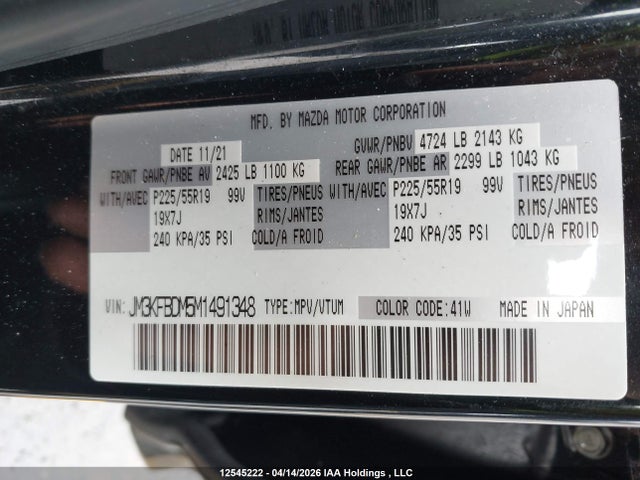 Aukcja sprzedaży 2021 Mazda Cx-5, vin: JM3KFBDM5M1491348, numer aukcji: 12545222