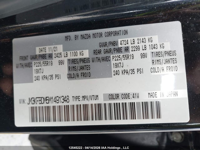 Aukcja sprzedaży 2021 Mazda Cx-5, vin: JM3KFBDM5M1491348, numer aukcji: 12545222