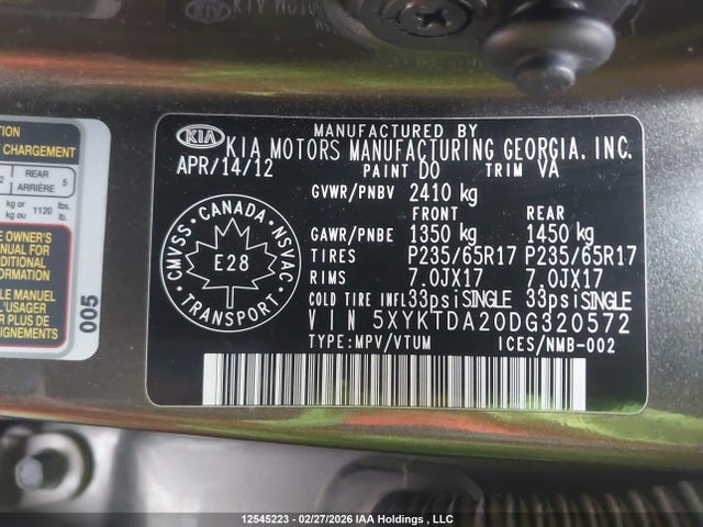 Продажа на аукционе авто 2013 Kia Sorento Lx, vin: 5XYKTDA20DG320572, номер лота: 12545223