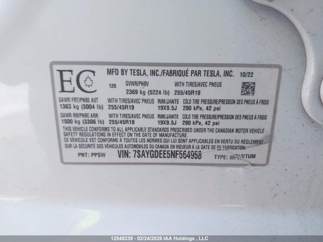 7SAYGDEE5NF564958 Tesla Model Y Long Range