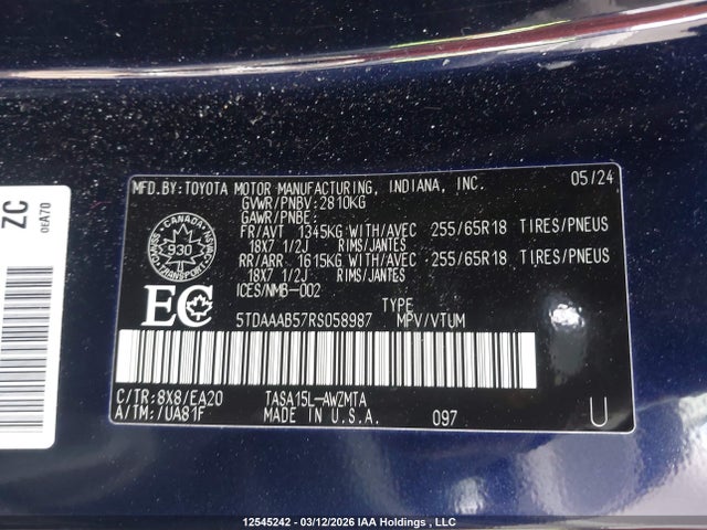 2024 Toyota Grand Highlander Xle მანქანა იყიდება აუქციონზე, vin: 5TDAAAB57RS058987, აუქციონის ნომერი: 12545242