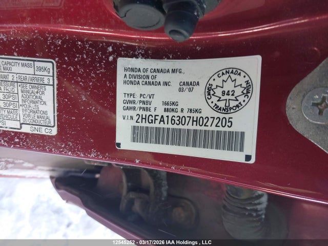 Продаж на аукціоні авто 2007 Honda Civic Dx, vin: 2HGFA16307H027205, номер лоту: 12545252