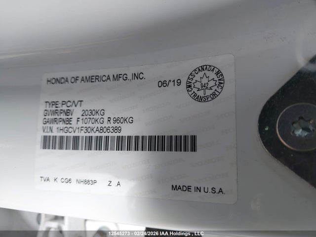 1HGCV1F30KA806389 Honda Accord Sport 1.5t