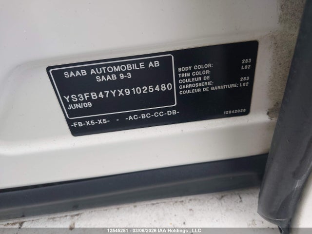 Aukcja sprzedaży 2009 Saab 9-3, vin: YS3FB47YX91025480, numer aukcji: 12545281