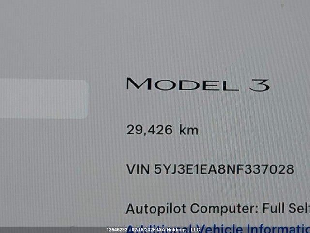 5YJ3E1EA8NF337028 Tesla MODEL 3