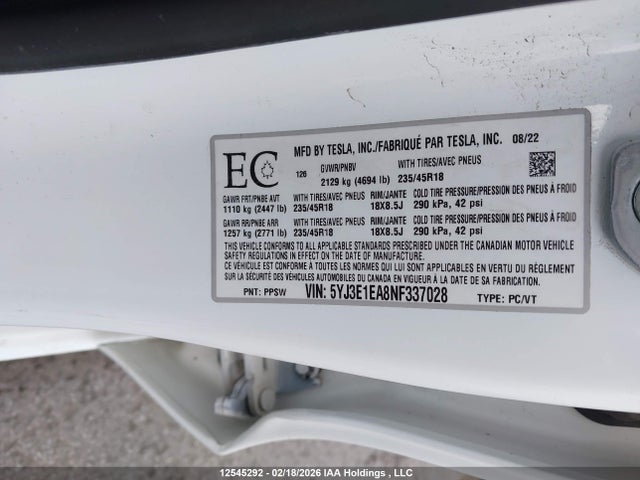 5YJ3E1EA8NF337028 Tesla MODEL 3