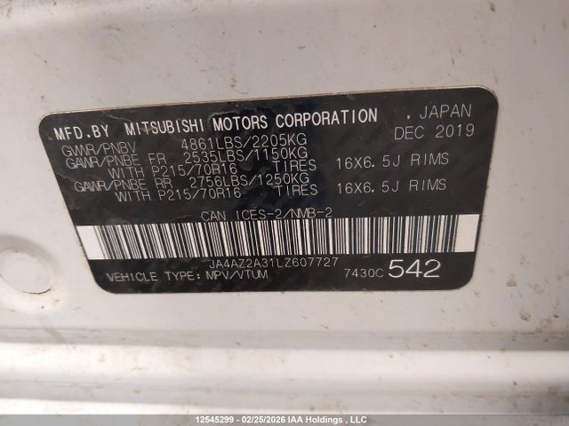 Aukcja sprzedaży 2020 Mitsubishi Outlander Es/ex/ex-l, vin: JA4AZ2A31LZ607727, numer aukcji: 12545299