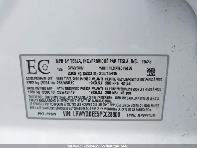 Aukcja sprzedaży 2023 Tesla Model Y Long Range, vin: LRWYGDEE5PC028800, numer aukcji: 12545307