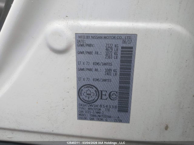 5N1AT2MV5HC854338 Nissan Rogue S/sl Platinum/sv