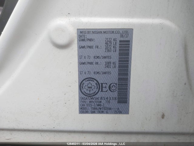 5N1AT2MV5HC854338 Nissan Rogue S/sl Platinum/sv