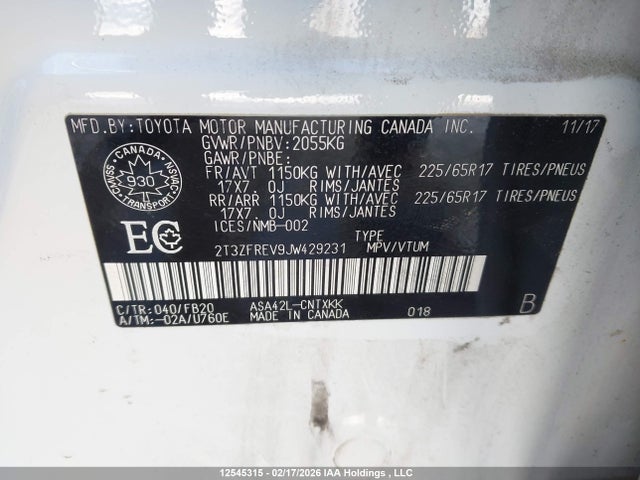 2T3ZFREV9JW429231 Toyota RAV4 LE