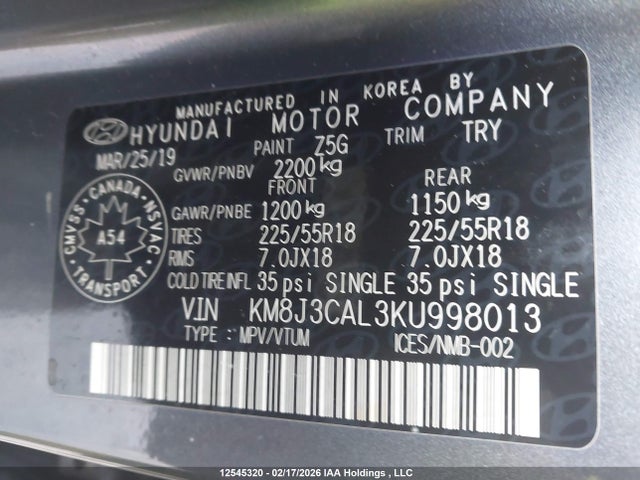 12545320 :رقم المزاد ، KM8J3CAL3KU998013 vin ، 2019 Hyundai Tucson Preferred W/trend Package مزاد بيع