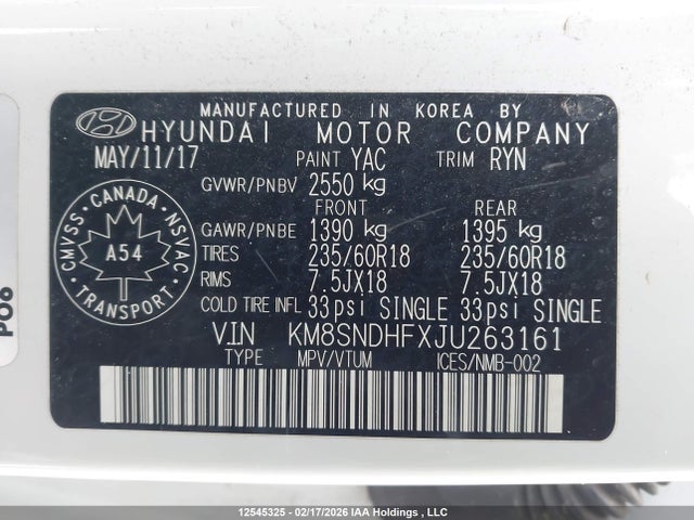 KM8SNDHFXJU263161 Hyundai Santa Fe Se/limited