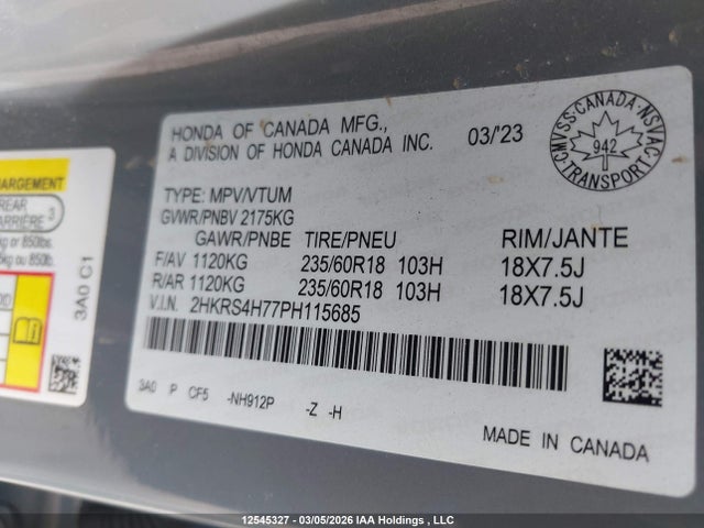 Продажа на аукционе авто 2023 Honda Cr-v Ex-l, vin: 2HKRS4H77PH115685, номер лота: 12545327