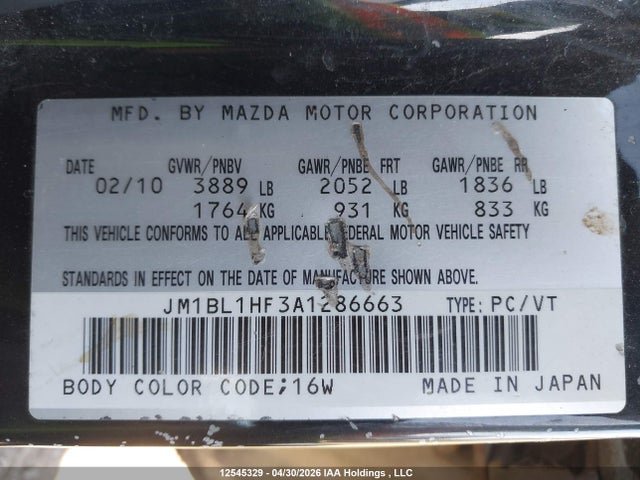 Aukcja sprzedaży 2010 Mazda 3 I, vin: JM1BL1HF3A1286663, numer aukcji: 12545329