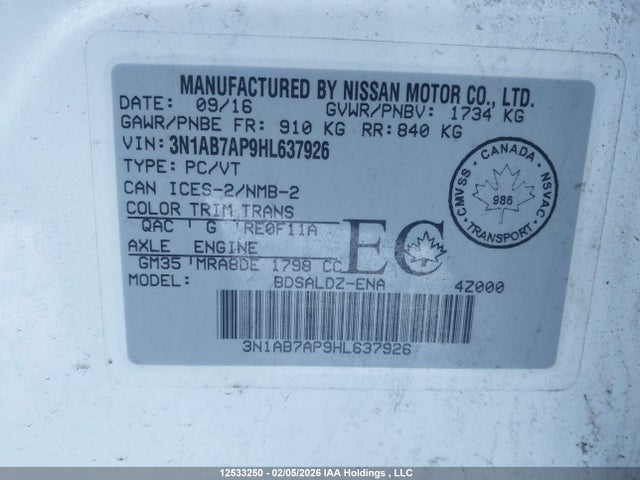 3N1AB7AP9HL637926 Nissan Sentra 1.8 S/1.8 Sl/1.8 Sv