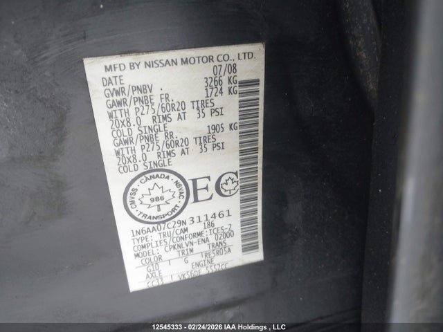 Продажа на аукционе авто 2009 Nissan Titan Xe/se/le/pro-4x, vin: 1N6AA07C29N311461, номер лота: 12545333