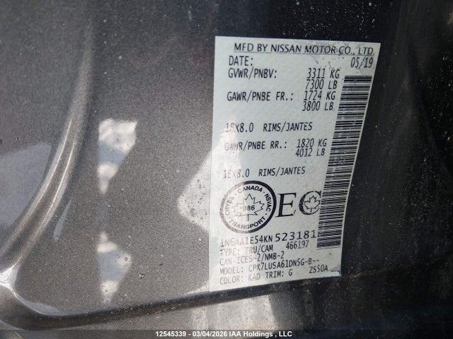 1N6AA1E54KN523181 Nissan Titan Sv/platinum/pro-4x/platinum Reserve