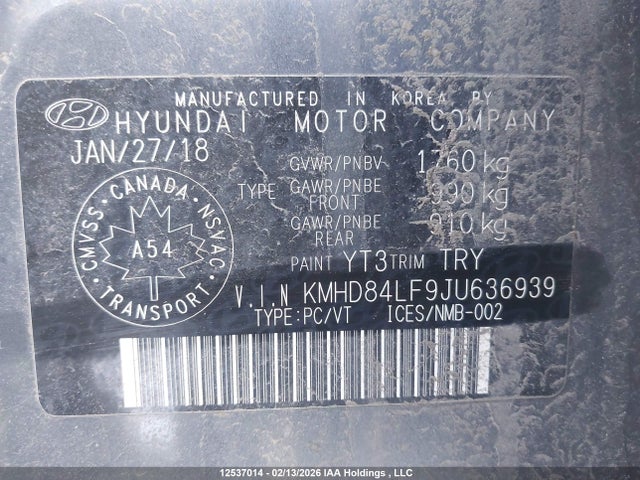 KMHD84LF9JU636939 Hyundai ELANTRA GL