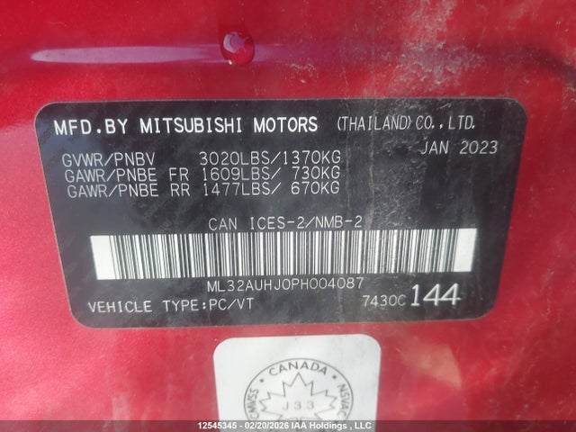 Aukcja sprzedaży 2023 Mitsubishi Mirage Es/se, vin: ML32AUHJ0PH004087, numer aukcji: 12545345