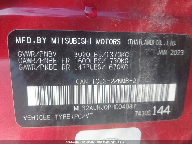 Aukcja sprzedaży 2023 Mitsubishi Mirage Es/se, vin: ML32AUHJ0PH004087, numer aukcji: 12545345