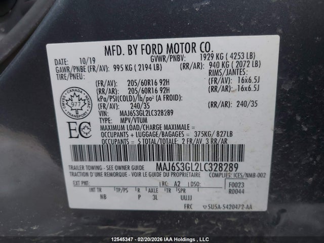 2020 Ford Ecosport მანქანა იყიდება აუქციონზე, vin: MAJ6S3GL2LC328289, აუქციონის ნომერი: 12545347