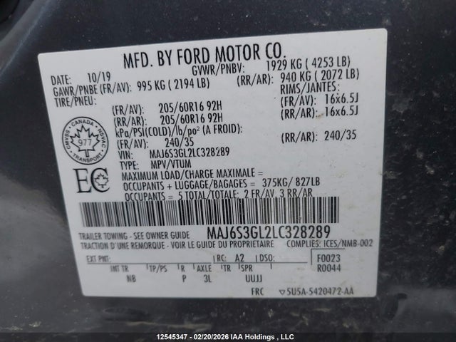 2020 Ford Ecosport მანქანა იყიდება აუქციონზე, vin: MAJ6S3GL2LC328289, აუქციონის ნომერი: 12545347