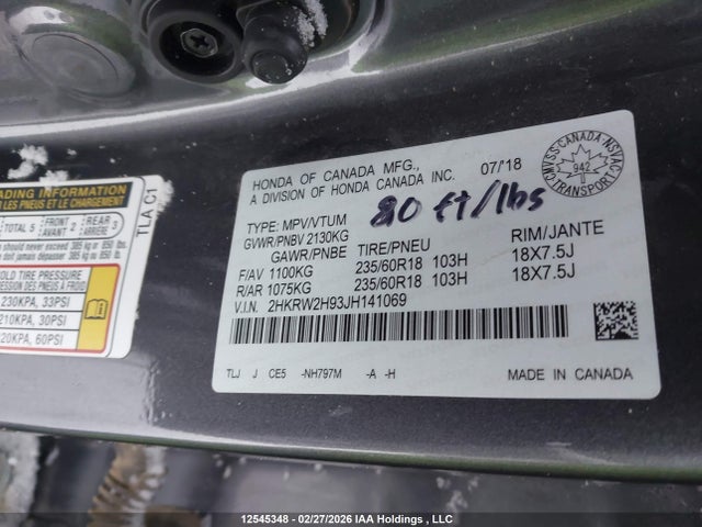 Aukcja sprzedaży 2018 Honda Cr-v Touring, vin: 2HKRW2H93JH141069, numer aukcji: 12545348