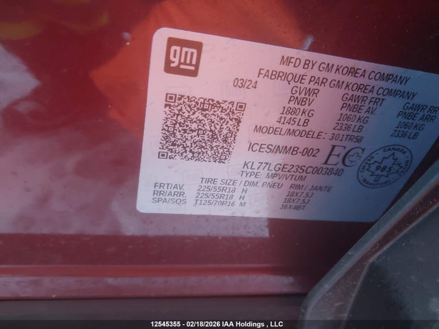 Продаж на аукціоні авто 2025 Chevrolet Trax 1rs Fwd, vin: KL77LGE23SC003840, номер лоту: 12545355