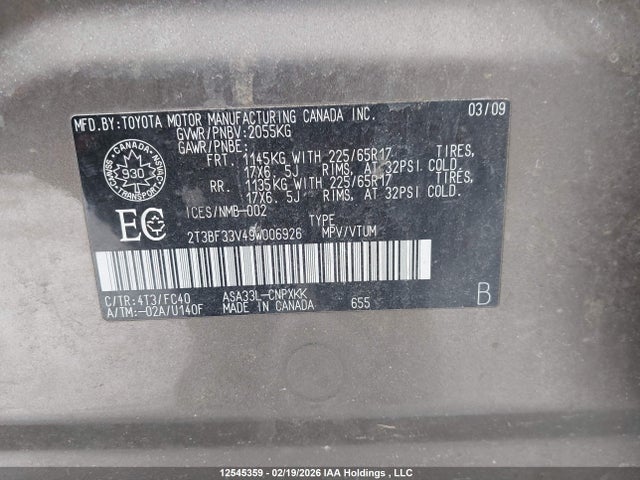 Продаж на аукціоні авто 2009 Toyota Rav4, vin: 2T3BF33V49W006926, номер лоту: 12545359