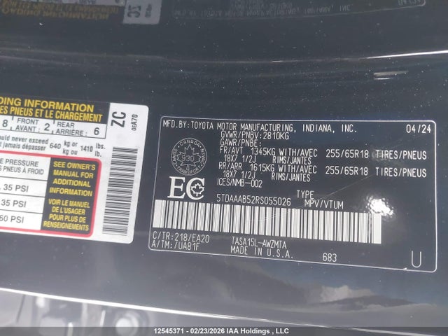 5TDAAAB52RS055026 Toyota Grand Highlander Xle/limited/platinum