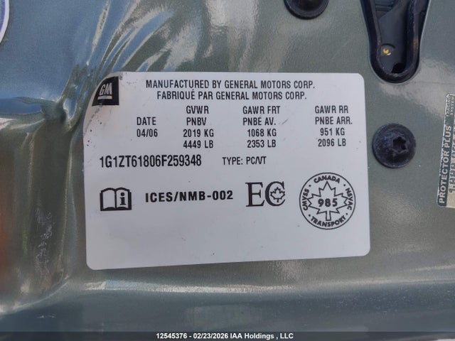 12545376 :رقم المزاد ، 1G1ZT61806F259348 vin ، 2006 Chevrolet Malibu Maxx Lt مزاد بيع