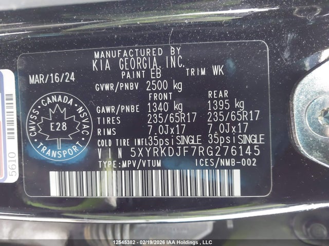 5XYRKDJF7RG276145 KIA Sorento