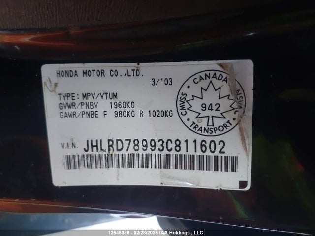 Aukcja sprzedaży 2003 Honda Cr-v Ex, vin: JHLRD78993C811602, numer aukcji: 12545386